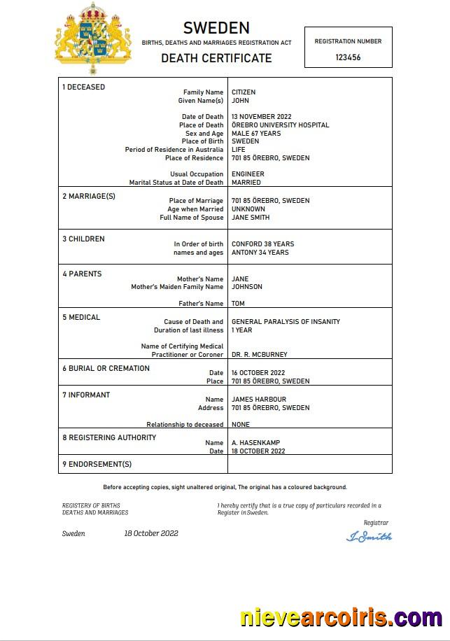 Sweden vital record death certificate